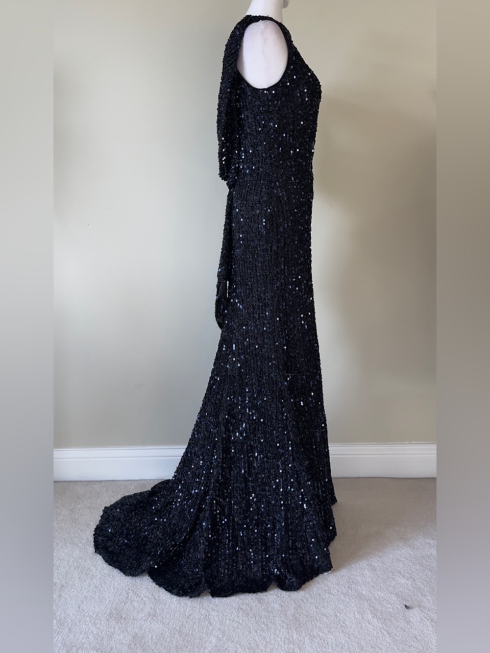 Ieena Sequined Sleeveless Draped Cowl Back Elegant Black Sequin Evening Gown NWT - Picture 5 of 8